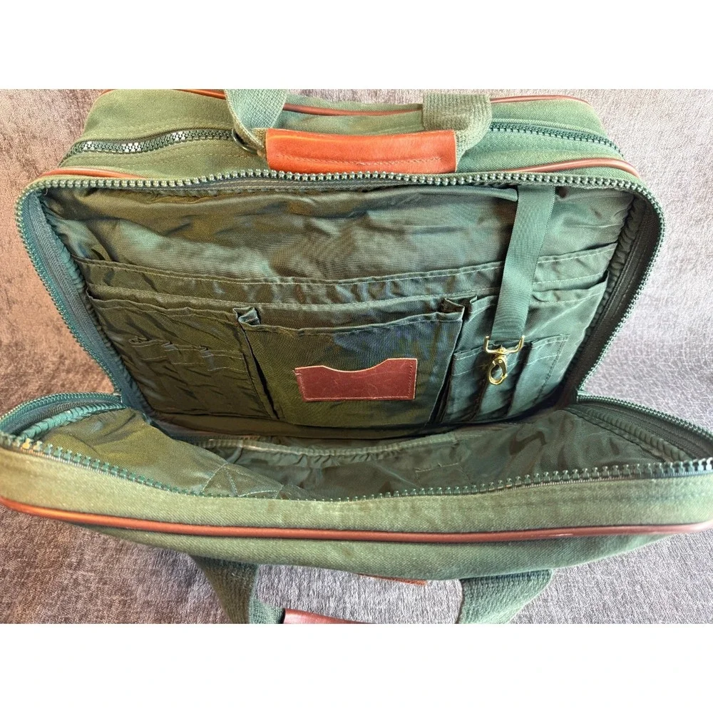 Vintage Lands' End Green Canvas Leather Trim Travel Duffle Bag Luggage Briefcase